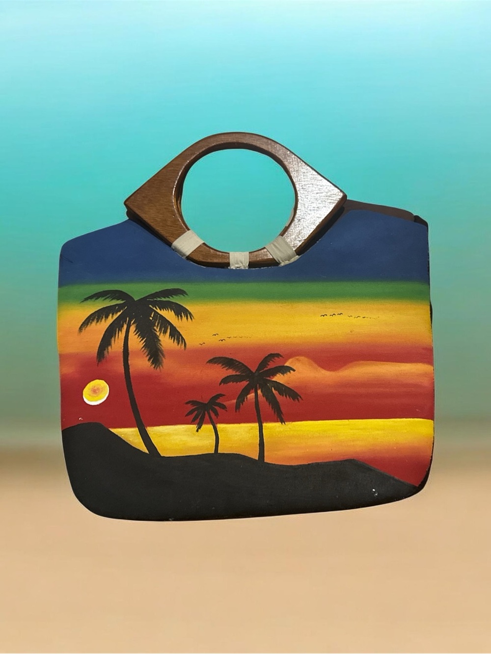 Hand-Painted Tropical Sunset Tote Bag with Wooden Handles - Navy, Red & Yellow